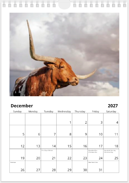 2027 Cattle Calendar